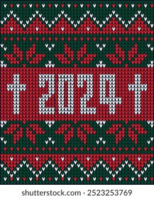 2024 Christmas Sweater Design, Knitted Christmas sweater pattern with the year 2024.