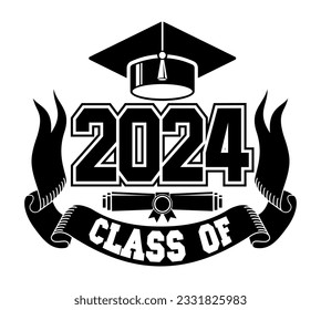 2024 class graduate. The concept of decorate congratulation for school graduates. Design for t-shirt, flyer, invitation, greeting card. Illustration, vector