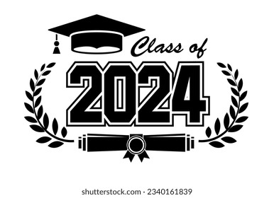 Graduado de clase en 2024. El concepto de felicitación decorativa para los graduados escolares. Diseño para camiseta, volante, invitación, tarjeta de saludo. Ilustración, vector