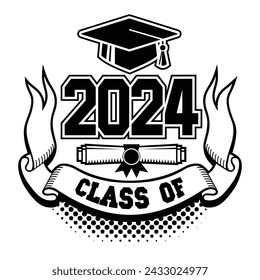2024 class graduate. The concept of decorate congratulation for school graduates. Design for t-shirt, flyer, invitation, greeting card. Illustration, vector