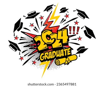 2024 class graduate header. Decorate congratulation for school graduates in comic cartoon style. Vector on transparent background