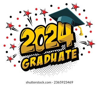 2024 class graduate header. Decorate congratulation for school graduates in comic cartoon style. Vector on transparent background