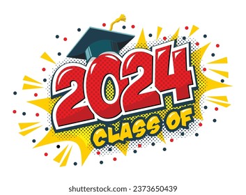 2024 class graduate header. Decorate congratulation for school graduates in comic cartoon style. Vector on transparent background