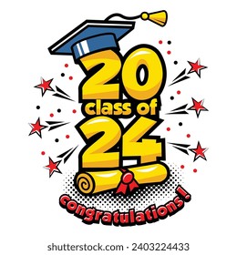 Encabezado de graduado de clase 2024. Decorar felicitaciones para los graduados de la escuela al estilo de las historietas. Vector en fondo transparente