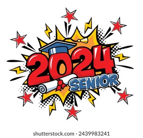 2024 class graduate header. Decorate congratulation for school graduates in comic cartoon style. Vector on transparent background