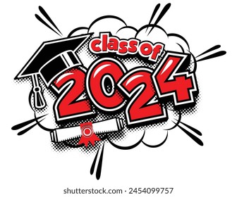 2024 class graduate header. Decorate congratulation for school graduates in comic cartoon style. Vector on transparent background