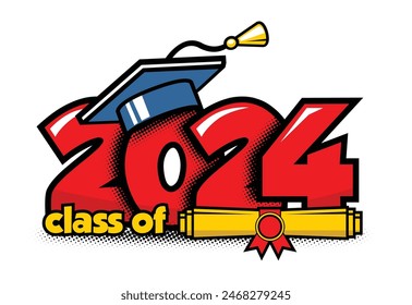 2024 class graduate header. Decorate congratulation for school graduates in comic cartoon style. Vector on transparent background