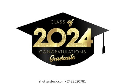 2024 class of, black square academic cap, Congratulation Graduate. Party photo logo for booth design with golden text 2024 and graduation hat. Vector illustration