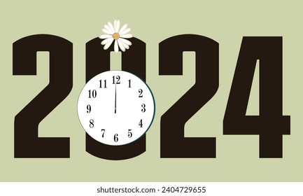 2024 with clock and flower decorative design. isolated on lite color background. eps10