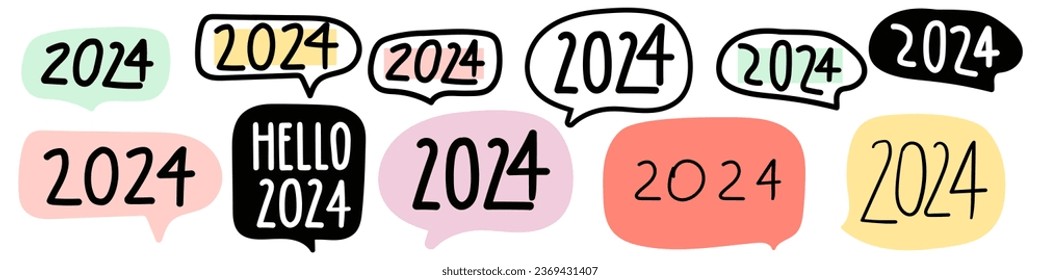 2024. Collection of speech bubbles. Flat design. Hand drawn vector illustrations on white background.