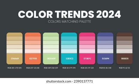 Tendencias de color de 2024. Paleta de colores en tonos vivos, audaces y terrenales. Colecciones de temas de color. Inspiración de color o gráfico de colores con número de códigos. Conjunto de combinaciones de colores de RGB. Colores para el diseño gráfico.