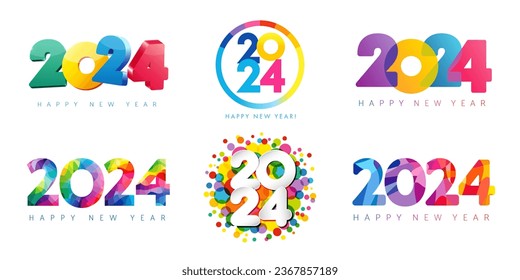 2024 colorful big set of Happy New Year logo design. 3D, stained glass, multi-colored bubbles, watercolor, facet full color number vector illustration. Concepts for greeting card, web post and banner