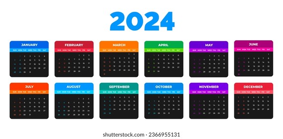 2024 colorful Calendar Desktop Planner Template set. Corporate business wall or desk simple Planner 2024 colorful calendar with week start Sunday.  Set of 2024 Calendar Planner Template bundle.