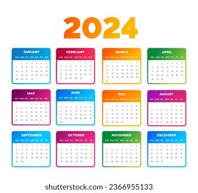 2024 colorful Calendar Desktop Planner Template set. Corporate business wall or desk simple Planner 2024 colorful calendar with week start Sunday.  Set of 2024 Calendar Planner Template bundle.