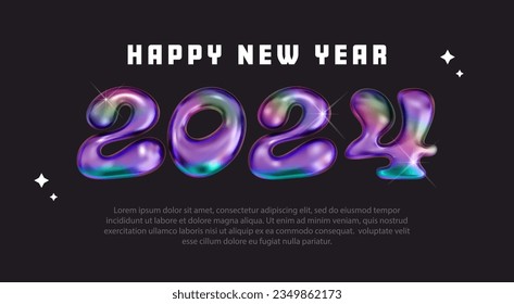 2024 colorful chrome number. Happy new year 2024 design with unique colorful numbers. Premium vector design for poster, banner, greeting and new year 2024 celebration with y2k aesthetics