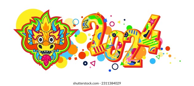 2024 colorful inscription and dragon muzzle for New Year celebration. Bright design template concept for banners, websites. New Year card. 2024 vector illustration