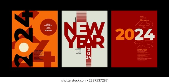 2024 Colorful set of Happy New Year posters. Abstract design with typography style. Vector logo 2024 for celebration and season decoration, backgrounds for branding, banner, cover, card and or social 