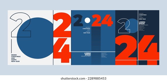 Colorido grupo de afiches de Año Nuevo Feliz 2024. Diseño abstracto con estilo tipográfico. Logo vector 2024 para celebración y decoración de temporada, fondos para marca, banner, portada, tarjeta o social 