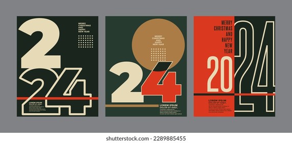 2024 Colorful set of Happy New Year posters. Abstract design with typography style. Vector logo 2024 for celebration and season decoration, backgrounds for branding, banner, cover, card and or social 