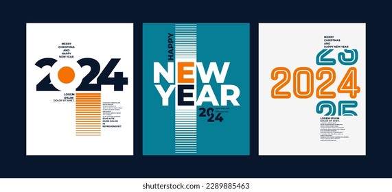 2024 Colorful set of Happy New Year posters. Abstract design with typography style. Vector logo 2024 for celebration and season decoration, backgrounds for branding, banner, cover, card and or social 