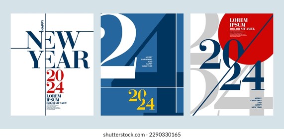 2024 Colorful set of Happy New Year posters. Abstract design with typography style. Vector logo 2024 for celebration and season decoration, backgrounds for branding, banner, cover, card and or social 