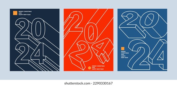 Colorido grupo de afiches de Año Nuevo Feliz 2024. Diseño abstracto con estilo tipográfico. Logo vector 2024 para celebración y decoración de temporada, fondos para marca, banner, portada, tarjeta o social 