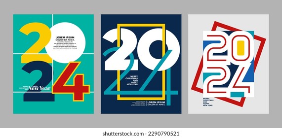 2024 Colorful set of Happy New Year posters. Abstract design with typography style. Vector logo 2024 for celebration and season decoration, backgrounds for branding, banner, cover, card and or social 