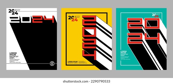 2024 Colorful set of Happy New Year posters. Abstract design with typography style. Vector logo 2024 for celebration and season decoration, backgrounds for branding, banner, cover, card and or social 