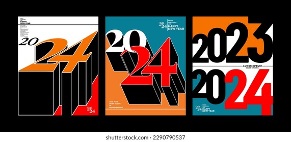 2024 Colorful set of Happy New Year posters. Abstract design with typography style. Vector logo 2024 for celebration and season decoration, backgrounds for branding, banner, cover, card and or social 