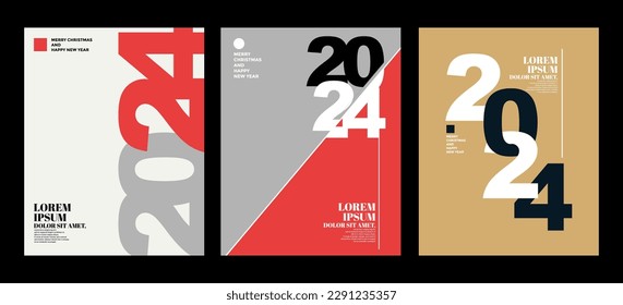 2024 Colorful set of Happy New Year posters. Abstract design with typography style. Vector logo 2024 for celebration and season decoration, backgrounds for branding, banner, cover, card and or social 