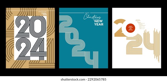 2024 Colorful set of Happy New Year posters. Abstract design with typography style. Vector logo 2024 for celebration and season decoration, backgrounds for branding, banner, cover, card and or social 