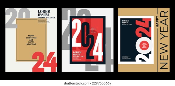2024 Colorful set of Happy New Year posters. Abstract design with typography style. Vector logo 2024 for celebration and season decoration, backgrounds for branding, banner, cover, card and or social 
