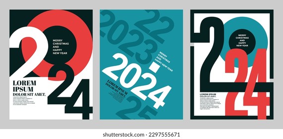 Colorido grupo de afiches de Año Nuevo Feliz 2024. Diseño abstracto con estilo tipográfico. Logo vector 2024 para celebración y decoración de temporada, fondos para marca, banner, portada, tarjeta o social 