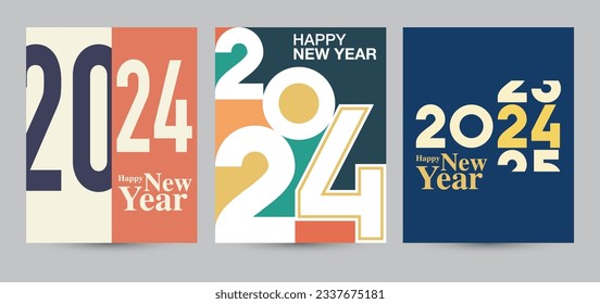2024 colorful set of Happy New Year posters. typography design Happy new year 2024 for celebration and season decoration, backgrounds, branding, banner, cover, card and or social media template.