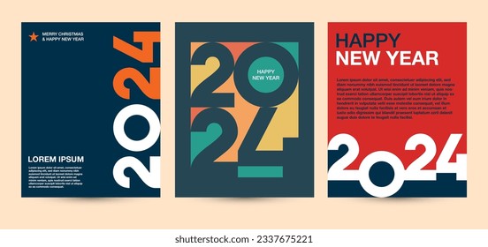 Colorido grupo de afiches de Año Nuevo Feliz 2024. diseño tipográfico Feliz año nuevo 2024 para celebración y decoración de temporada, antecedentes, marca, banner, portada, tarjeta y plantilla de medios sociales.