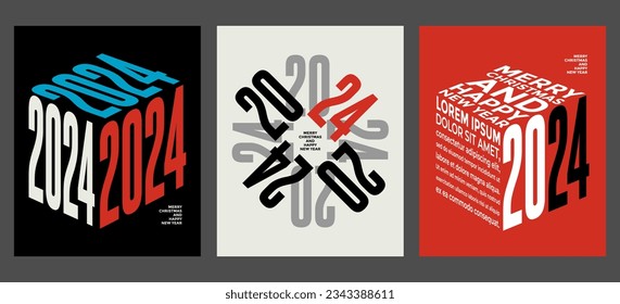 2024 colorful set of Happy New Year posters. Abstract design typography logo 2024 for vector celebration and season decoration, backgrounds, branding, banner, cover, card and or social media template.