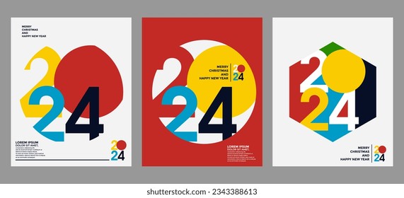 2024 colorful set of Happy New Year posters. Abstract design typography logo 2024 for vector celebration and season decoration, backgrounds, branding, banner, cover, card and or social media template.