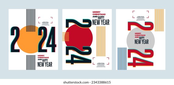 2024 colorful set of Happy New Year posters. Abstract design typography logo 2024 for vector celebration and season decoration, backgrounds, branding, banner, cover, card and or social media template.