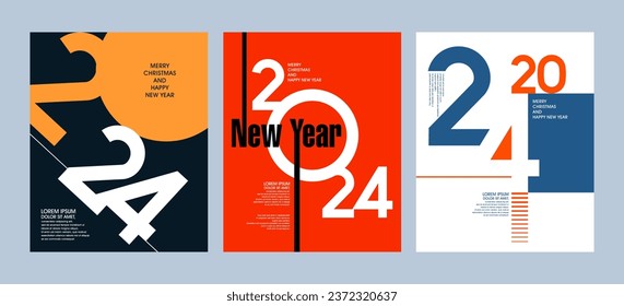 2024 Colorful set of Happy New Year posters. Abstract design with typography style. Vector logo 2024 for celebration and season decoration, backgrounds for branding, banner, cover, card and or social 