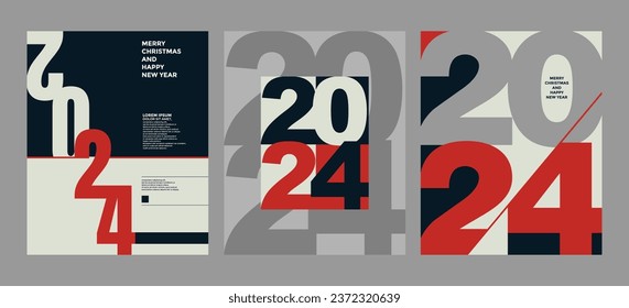 2024 Colorful set of Happy New Year posters. Abstract design with typography style. Vector logo 2024 for celebration and season decoration, backgrounds for branding, banner, cover, card and or social 