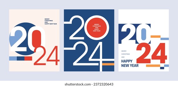 2024 Colorful set of Happy New Year posters. Abstract design with typography style. Vector logo 2024 for celebration and season decoration, backgrounds for branding, banner, cover, card and or social 