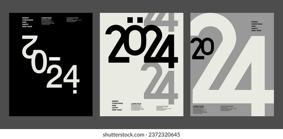 2024 Colorful set of Happy New Year posters. Abstract design with typography style. Vector logo 2024 for celebration and season decoration, backgrounds for branding, banner, cover, card and or social 