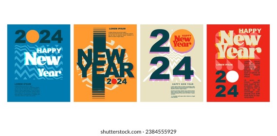 2024 colorful set of Happy New Year posters with flat color concept, vector illustration.