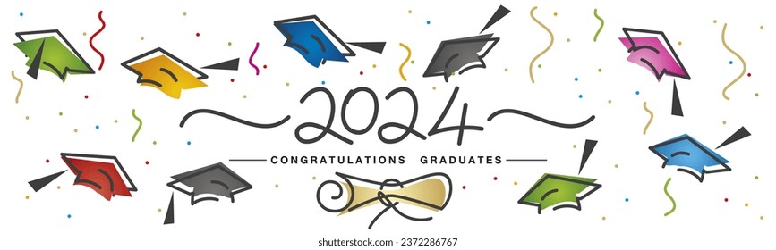 2024 Congratulations graduates Class of 2024 handwritten typography. Hand drawn design with diploma colorful confetti and flying graduates caps line design on white background