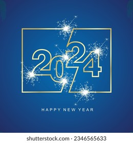 2024 continuous line shape typography logo emblem design concept with sparkle firework on blue background. Happy New Year 2024 logo design for greeting card, poster, banner, calendar.