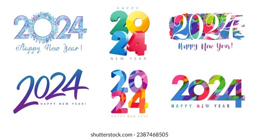 2024 creative colored big set of Happy New Year logo design. Vector illustration with colorful numbers snowflake, 3D, grunge brush, elegant calligraphy, facet, color drops. Concepts for greeting card