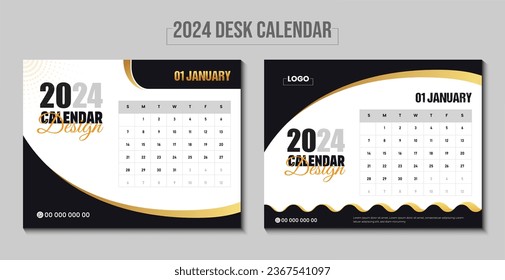 2024 creative desk calendar design template. modern abstract new year calendar design with golden gradient color