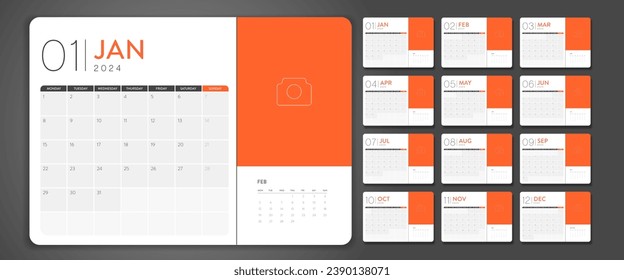 2024 Creativo mínimo de negocio mensual vector de plantilla de calendario. Escritorio, calendario de pared para impresión, calendario digital o planificador. La semana comienza el lunes. Elementos modernos y sencillos de diseño de calendario anual.