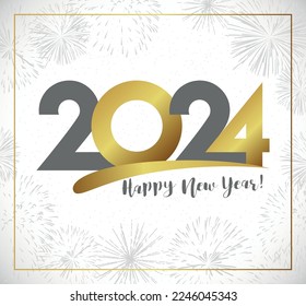 2024 tipografía creativa y antecedentes de vacaciones. Hermoso diseño de tarjetas de felicitación con el número dorado 20 24. Elementos aislados. Ilustración vectorial.