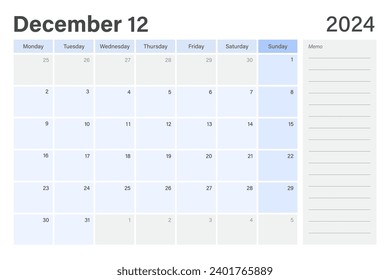 2024 December desk planner calendar weeks start on Monday in light blue and gray theme with empty line memo note space, vector design 